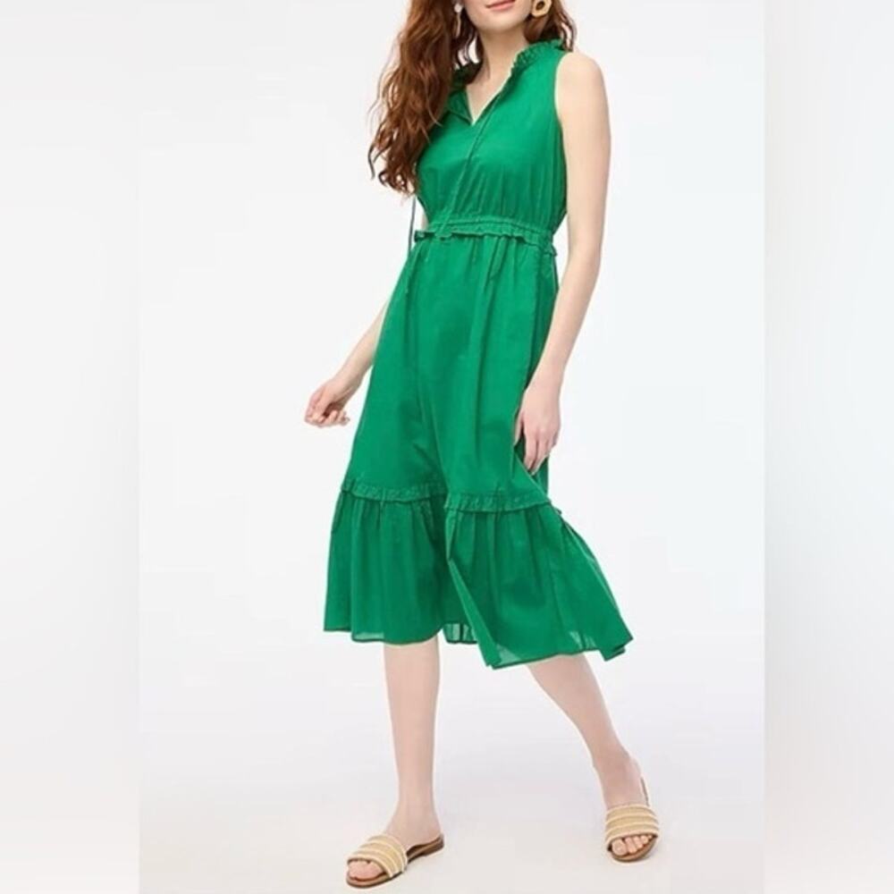 J. Crew Dress Tiered Midi A Line 100% Cotton Green 4